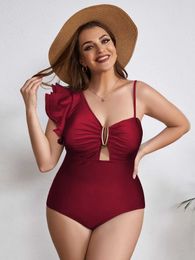 Women's Swimwear SEAURAL 2024 New Sexy Metal V-neck Ruffle Solid Glossy Fabric Plus Size One Piece Strappy One Shoulder Swimwear Women Monkini