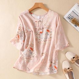 Women's Blouses Chinese Style Shirt Summer Prints Vintage Loose Short Sleeves Women Tops Cotton Linen Fashion Clothing YCMYUNYAN