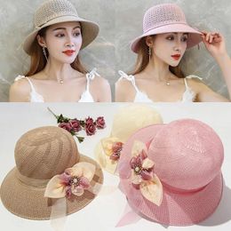 Berets Summer Bowknot Ribbon Outdoor Sun Hats Straw Hat Girls Ladies Wide Brim Panama Caps Protection For Women