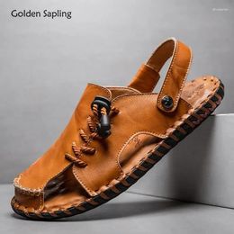 Sandals Golden Sapling Summer Men's Genuine Leather Beach Shoes For Men Breathable Leisure Footwear Platform Casual Flat
