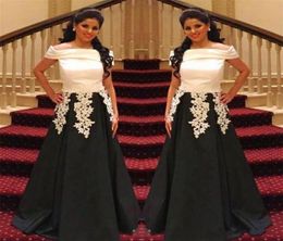 Off The Shoulder Lace Appliques Evening Gowns Satin A Line Formal Party Dress Custom Made Saudi Arabic Black White Prom Dresses7775031