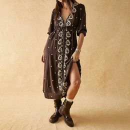 Casual Dresses Hirigin Women Long Sleeve Bohemian Dress Floral V Neck Loose Swing Maxi Flowy Embroidered Spring Fall