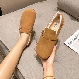 Casual Shoes Round Toe Suede Leather Winter Fur Woman Buckle Belt Lambwool Slip On Loafers 41-43 Big Size Warm Plush Cotton Moccasins