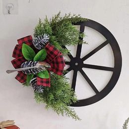 Decorative Flowers Holiday Wreath With Bowknot Festive Christmas Wheel Plaid Spoon Pine Cone Decor Indoor/outdoor Window Front Door