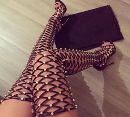 2017 Summer Knee High Sandals Women Boots Open Toe Fashion Gold Metal Ladies Sexy High Heel Sandals Party Shoes Studded Sandalias4733534