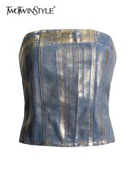 TWOTWINSTYLE Patchwork Zipper Slimming Sexy Denim Tank Tops For Women Strapless Sleeveless Backless Short Vests Female Fashion 240426