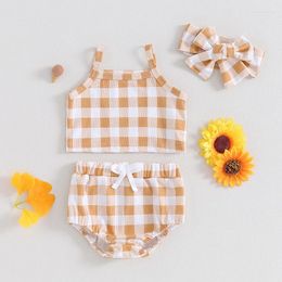 Clothing Sets EWODOS Infant Girl Summer Clothes Plaid Print Sleeveless Cami Tops With Shorts And Headband 3 Pcs Outfit For 0-18 Months