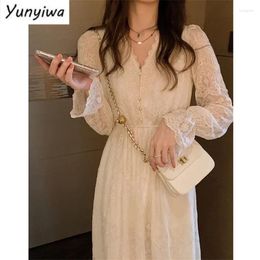 Casual Dresses Autumn Winter Lace Midi Dress Women Elegent Party Club Sexy French Apricot High Waist Floral Beach
