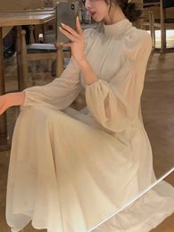 2024 Spring Turtleneck White Midi Dress Women Long Sleeve French Elegant Dress Korean Fashion Y2k Clothing Design 240424