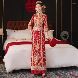 Ethnic Clothing Chinese Traditional Wedding Dress Elegant Temperament Tang Suit 2024 Xiuhe Vintage Embroidery Flower Mandarin Collar Qipao