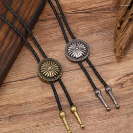 Bow Ties Mens Metal Round Flower Pendant Cowboy Bolo Tie Western Artificial Leather Rope Necktie Jewellery Shirt Chain Necklace