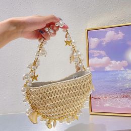 Bohemian Pearls Straw Bag Conch Starfish Women Handbags Half Moon Beach Shoulder Bag Designer Rattan Crossbody Bags Ladies Tote 240430