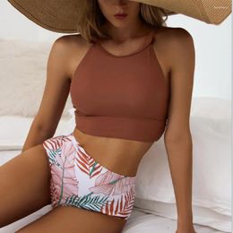 Women's Swimwear 2Pcs/Set Bikinis Set Adjustable Straps Backless Hip Lifting Pads Bikini Solid Colour Vest High Waist Leaves Print Briefs