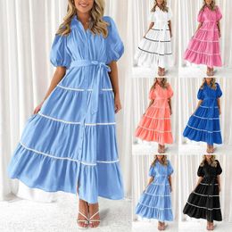 Casual Dresses For Formal Occasions Women'S Summer Button Up Short Sleeve Layered Pleated Flowing Long Skirt Woman Clothing