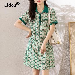 Party Dresses Korean Fashion Elegant Luxury Print Polo Collar For Women 2024 Summer Casual Short Sleeve Loose Chic Midi Dress Vestidos