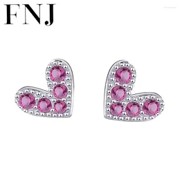 Stud Earrings FNJ Heart 925 Silver Jewellery Original Pure S925 Sterling Earring For Women Rose Red Zircon