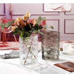 Vases Relief Glacier Square Glass Vase Hydroponic Flower Pots Desk Decoration Artificial Decorative Floral Arrangement