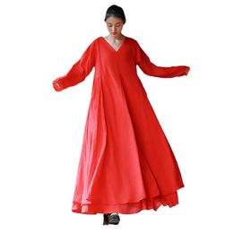 2024 Spring and Summer New Cotton and Hemp Women's Wear Small Warmth Homemade Cool Air All Cotton Double Layer Long sleeved Dress
