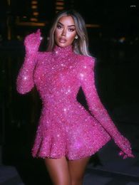 Casual Dresses Women Luxury Sexy Long Sleeve Backless Sequins Sparkly Pink Mini Gowns Dress 2024 Elegant Evening Party Club Vestido