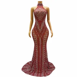 Stage Wear Luxury Silver Red Rhinestones Long Train Dress Sexy Sleeveless Grown Outfit Dance Show Wedding Party Costume Zhusha