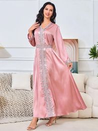 Ethnic Clothing Eid Muslim Party Dress For Women Satin Embrodery V Neck Vestidos Largos Ramadan Abaya Belt Dubai Turkey Robe Jalabiya 2024