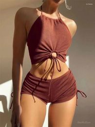 Women's Tracksuits 2024 Summer Sexy Beach Crop Tops Shorts Two Piece Set Women Casual Solid Swimsuits Bikini Suits Female Holiday Panties