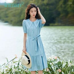 Party Dresses INMAN Women Dress 2024 Summer Puff Sleeve Embroidered Lapel A-shaped Lace Up Waist French Literary Style Elegant Blue Skirt