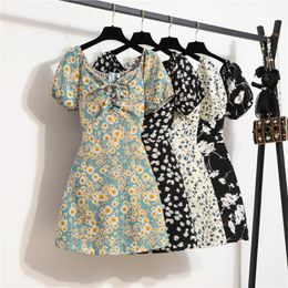 Women Mini Dresses Summer Fashion Female Vestidos Print Floral Chiffon Shirring Pleated Short Puffy Sleeve Casual Dress 240428