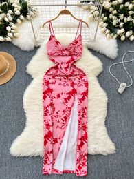 Casual Dresses Foamlina Sexy Sleeveless Backless Print Suspender Dress Women Fashion Summer V Neck Slim Split Bodycon Beach Holiday Maxi