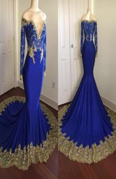 2018 Royal Blue Mermaid Long Sleeves Prom Party Dresses Sheer Lace Gold Appliques Beading Zipper Graduation Dress Formal Evening G6962967