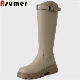 Boots ASUMER 2024 Women Winter Platform Ladies Thick Med Heels Knee High Genuine Leather Zipper Dress Shoes