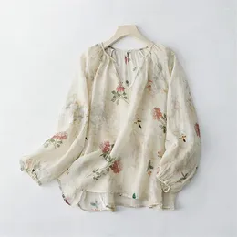 Women's Blouses Limiguyue Summer Literary Women Blouse Elegant Thin Floral Print V Neck Long Sleeve Top Vintage Loose Cotton Linen Shirt