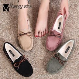 Casual Shoes Winter Cotton Woman Bowknot Fluffy Fur Flats Loafers Women Warm Flock Moccasins 35-43 Cosy Plush Pregnant Ladies