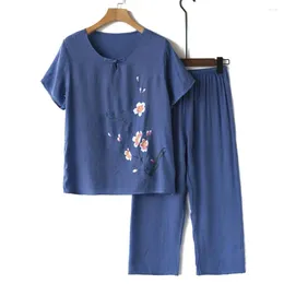 Women's Two Piece Pants Women Resort Wear Outfits Elegant Mid-aged Pyjama Set With Flower Print Short Sleeve Top Wide Leg For Mother