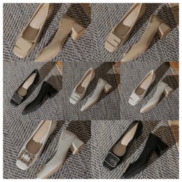 2024 new Luxury Designer High square toe black off lack white women Lady fashionable comfortable middle soft soles thick heels and single shoes