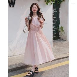 Party Dresses Pink Dress For Summer Women Vitality And Girlish Puff Sleeves Pleats Cotton Lace Sweet Gentle Round Neck Pullover Long