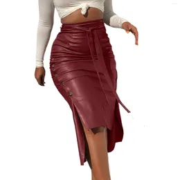 Skirts Women S Faux Leather Midi Skirt High Waist Stretch Split Slim Fit Bodycon Pencil With Belt
