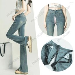 Women's Jeans Cowboy Long Pants Invisible Open Crotch Outdoor Sex Loose Fit High Waist Horseshoe Micro Flared Fashionable