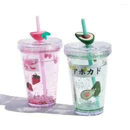 Water Bottles 320ml Cup Cartoon Plastic Drinking Kettle With Straw Fruit Pattern Cover Portable Bottle Sports Travel For