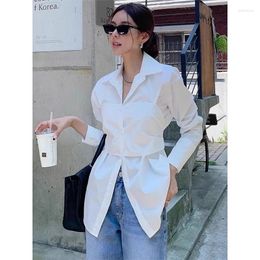 Women's Blouses Korean Chic Summer Turn-down Collar Shirts Single Breasted Lace-up Bow Tie Waist Slimming Long Sleeved Versatile Shirt For