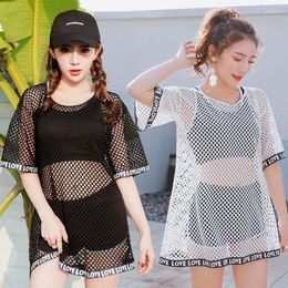 Women's Swimwear Summer Fashion Split Swimsuit Three Piece Set Loose Sunscreen Hollow Out Mesh T-Shirt Tie Lolita Sports Style Bikini