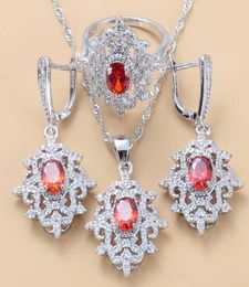 Elegant Women Wedding Costume Jewelry Sets Natural Stone Red Garnet Dangle Earrings And Necklace Ring Bridal Sets H10227098401