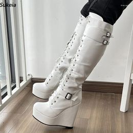 Boots Sukeia Handwork Women Winter Knee Buckle Strap Wedges Heels Round Toe Elegant White Club Shoes Ladies US Size 5-20