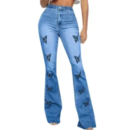 Women's Jeans Denim Trousers High Waist Flare Leg For Women Solid Color Slim Fit Bell Bottoms Butterfly Printed Female Clothing 2024