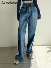 Women's Jeans High-waist Women 2024 Spring Fashion Retro Stripes Color Straight Denim Wide-leg Pants Lace Up Casual Loose Chic