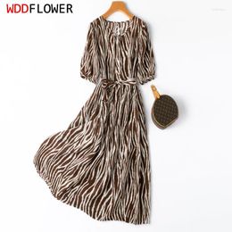 Party Dresses Women Midi Dress Mulberry Silk Crepe Coffee Zebra Printed O Neck Puff Half Sleeve Belt Waist Long L XL M1092