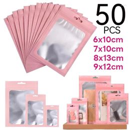 Jewelry Pouches 50Pcs Pink Plastic Matte Aluminum Foil Zip Lock Packaging Bag Necklace Storage Pouch Small Sachets Food Sample Bags