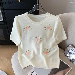 Women's Sweaters Sweet Floral Embroidered Pullovers Sweater Women Knit T-shirt Summer Vintage O-Neck Short Sleeve Temperament Knitting Tees