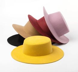 High Quality Round Flat Top Boater Wool Fedora Hats for Women Ladies Wide Brim Solid Colour Party Formal Hat Felt Gambler Cap2807581