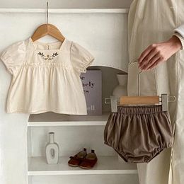Clothing Sets Cute Baby Girl Set 0-3Years Born Kids Puff Sleeve Embroidery Flower Shirt Tops Bloomers Shorts 2PCS Summer Clothes